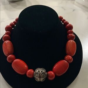 Red Beaded Necklace with Silver Accent